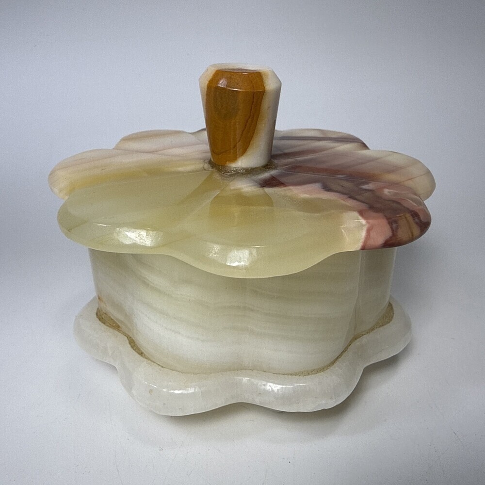 Alabaster Flower Marble Trinket Box Dish Ring Holder W/ Lid Vintage MCM #3